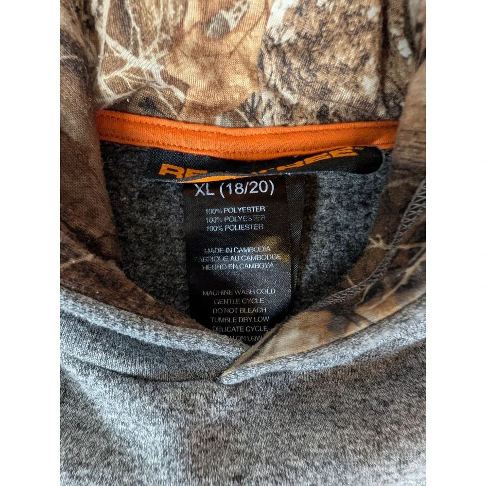 Realtree Boys Gray Heather Hoodie Camo Lined Hood‎ Orange Logo XL 18/20 3434
